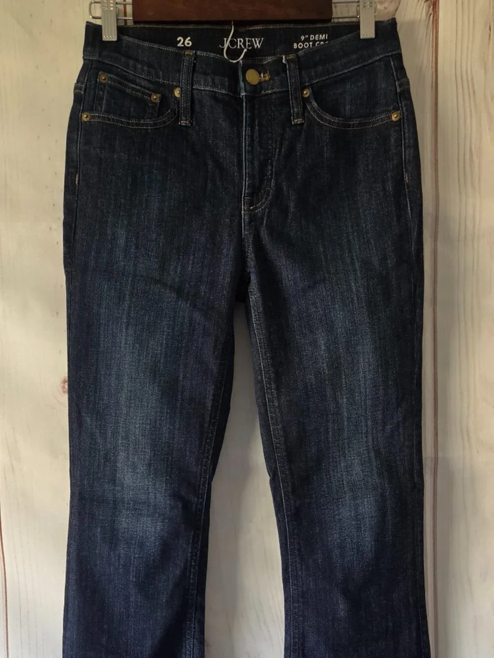 J. Crew 9” Demi-Boot Crop Jeans Women’s 26, Dark wash with frayed raw hem.